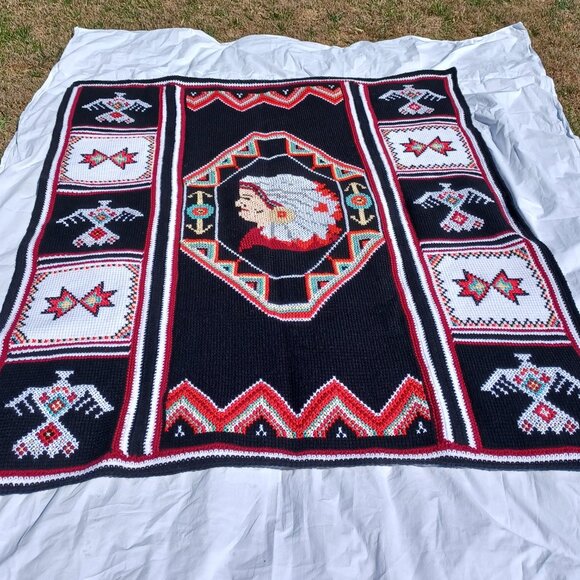 Handmade Crochet Afghan Southwestern Pattern Native American Indian Head - Picture 1 of 8